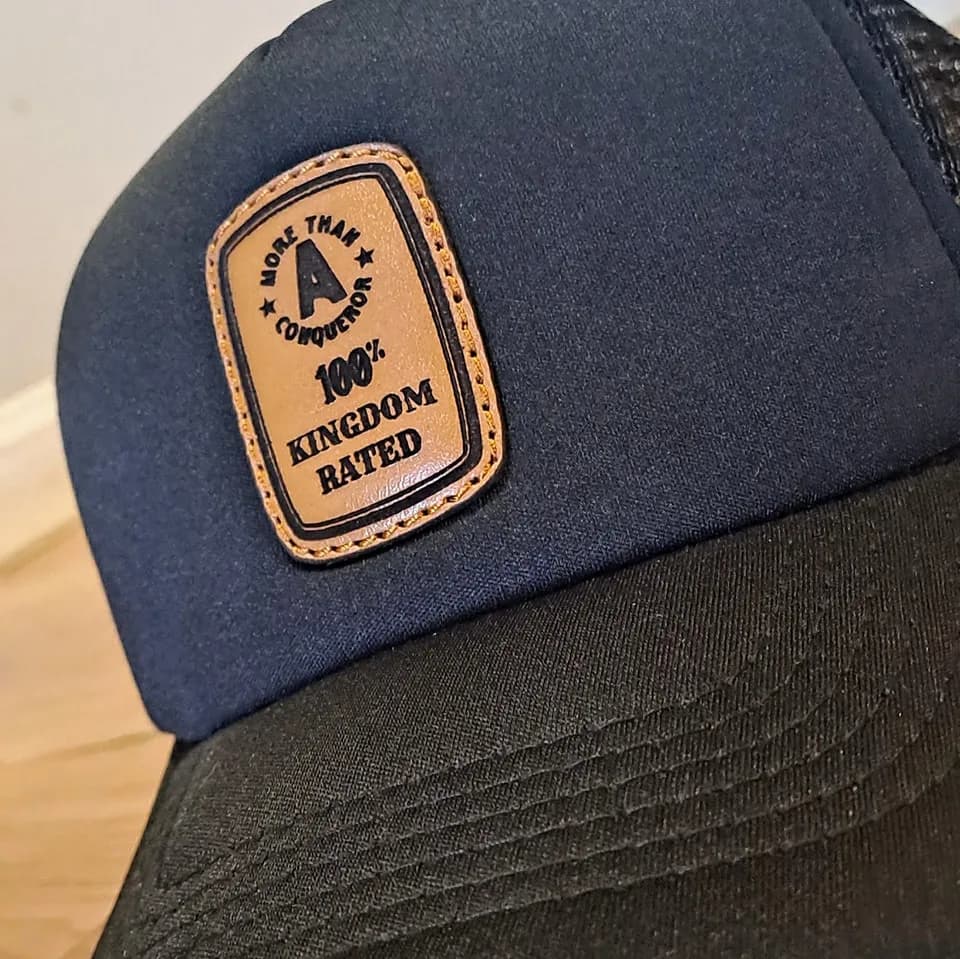 Tall leather patch on a navy cap